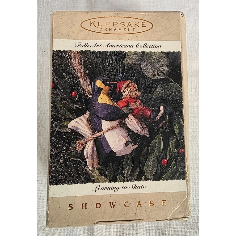 1995 Hallmark Keepsake Ornament Learning to Skate Penguin Santa Folk Art QX5237